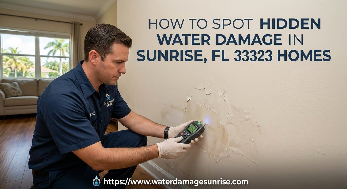 Homeowner inspecting baseboards for hidden water damage in Sunrise Florida