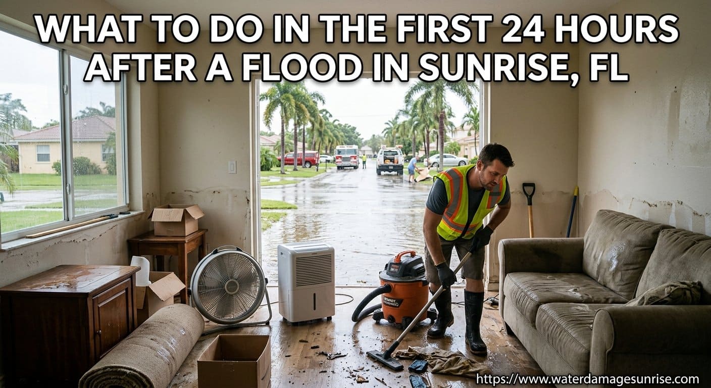 Flooded living room during the first 24 hours after a storm in Sunrise