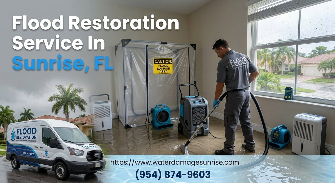 Flood restoration crew cleaning a flooded home in Sunrise FL 33323